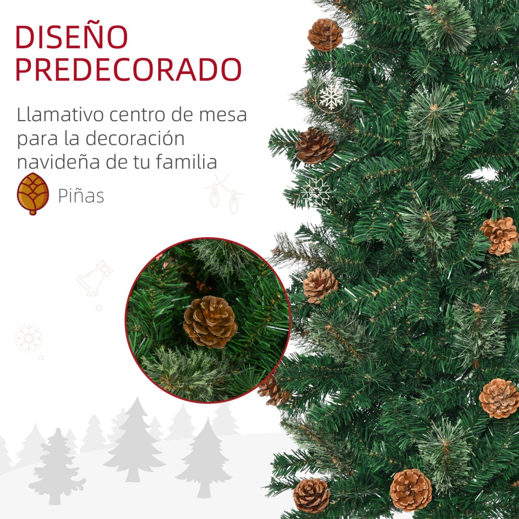 Albero di Natale Stretto Forma Matita 225 cm 706 Rami 56 Pigne Base Pieghevole Verde ¨C Minimal ¨C Verde 225x100x100