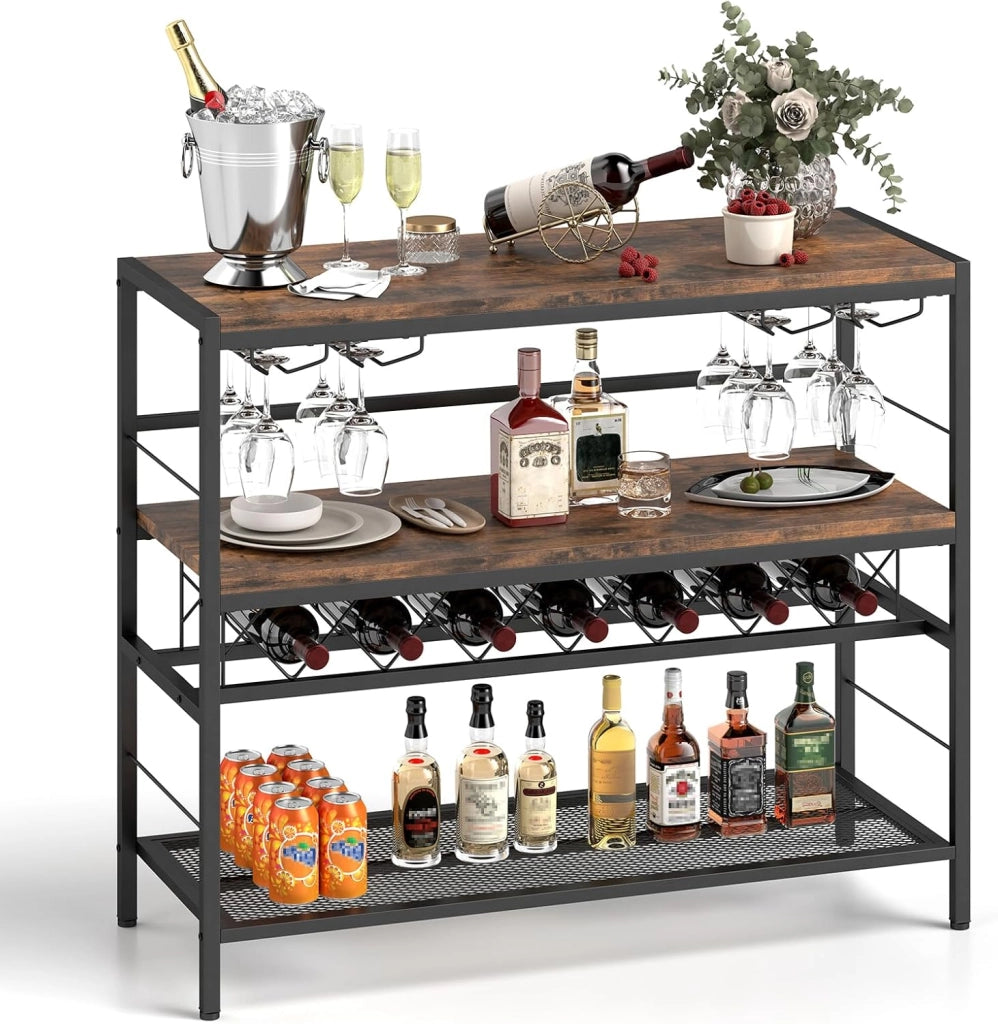Mobile Bar Centrale con 4 Ripiani, Capacità per 7 Bottiglie e 16 Bicchieri, con 3 Scomparti Aperti e Piedini Regolabili, Adatto per Cucina e Bistrot, Marrone