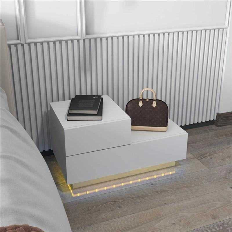COMODINO MODERNO CON 16 LUCI LED RGB, TELECOMANDO E DUE CASSETTI IN TRUCIOLATO, 70X37X38CM, BIANCO