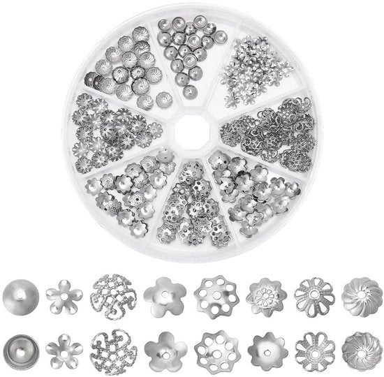 Accessori per gioielli in acciaio inossidabile - 240 pezzi - Coppe per fiori - Accessori DIY per gioielli - Varie stili - Dimensione 6-8 mm
