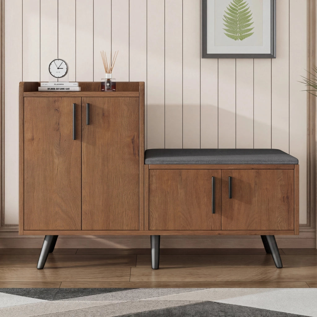 Scarpiera con seduta imbottita e vani interni, in truciolare e metallo, naturale, 120 × 34 × 82,8 cm