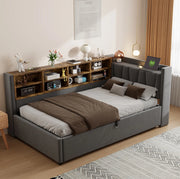 Letto imbottito 90x200 cm con contenitore idraulico, USB e USB-C in velluto grigio