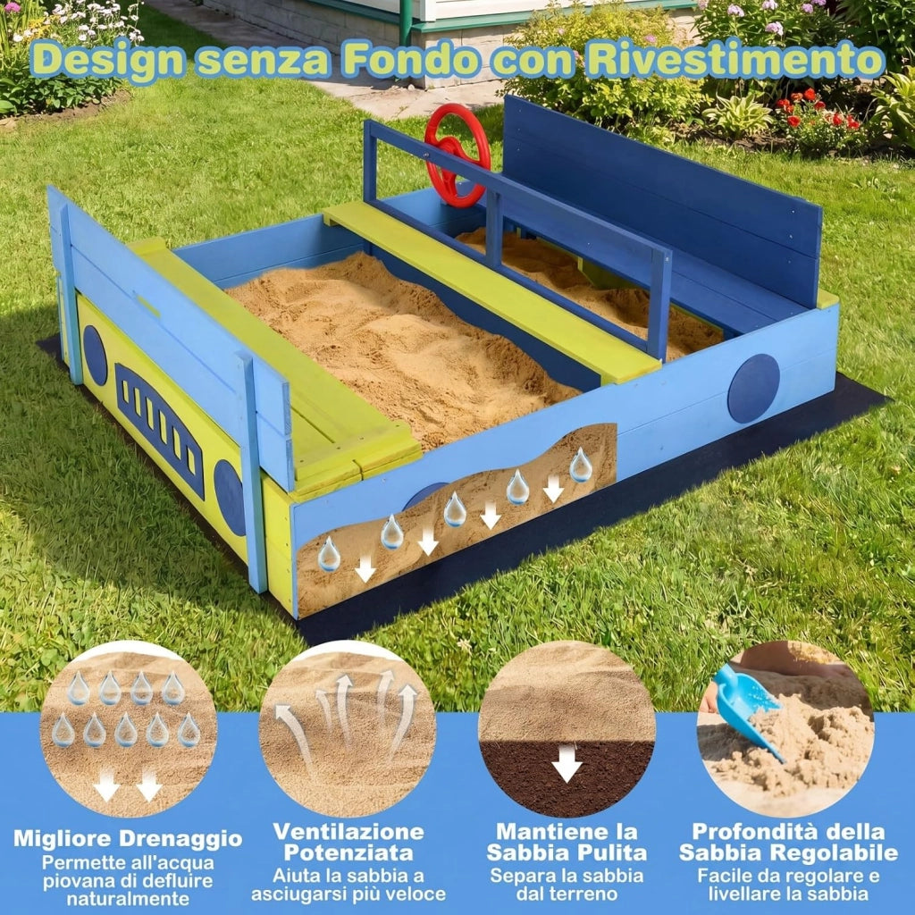 Sabbiera per Bambini in Legno di Abete, Sabbiera da Esterno con Panche e Fodera, Sandbox per Bambini a Forma di Macchina con Volante Rotante, 118x100x40 cm
