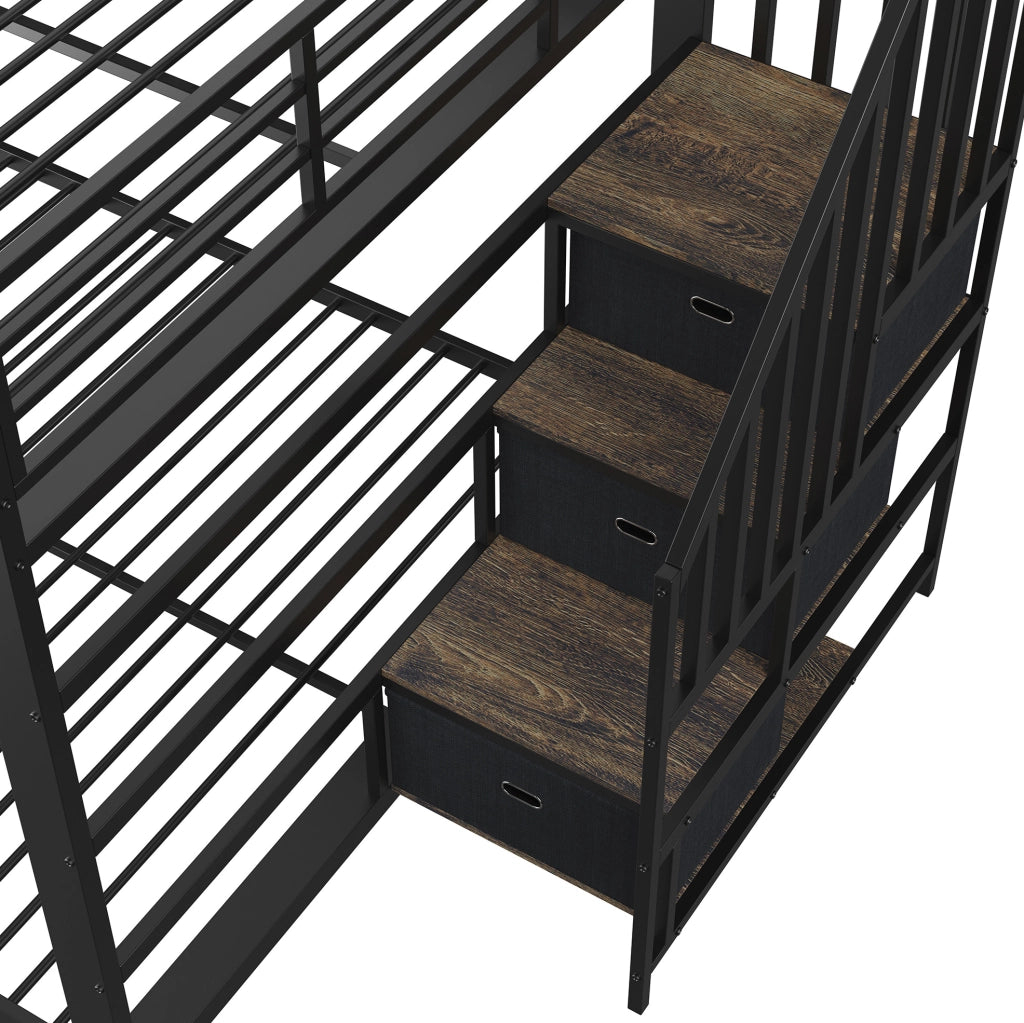 Letto a castello 140x200 cm in metallo e MDF nero con scala contenitore; LED e prese USB