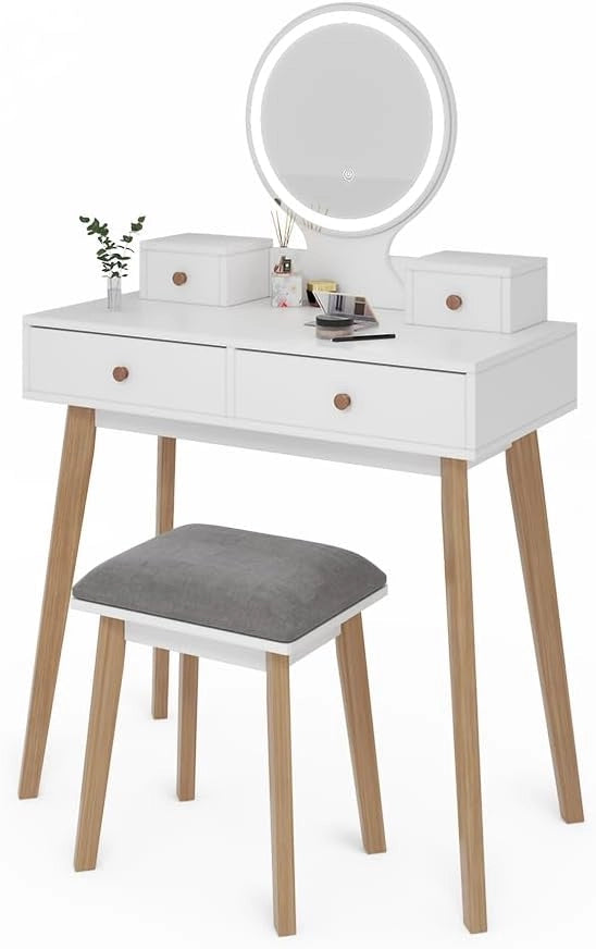 Tavolo da toeletta Finya, Bianco, 80 cm con specchio LED e sgabello, per la conservazione e l'organizzazione di articoli cosmetici