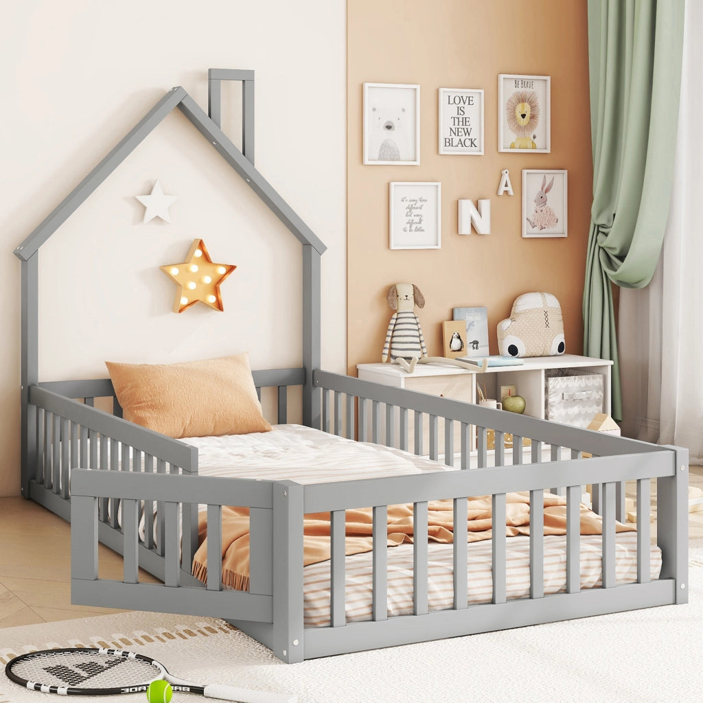 Letto a castello grigio con struttura a camino in pino 90x200 cm con rete a doghe
