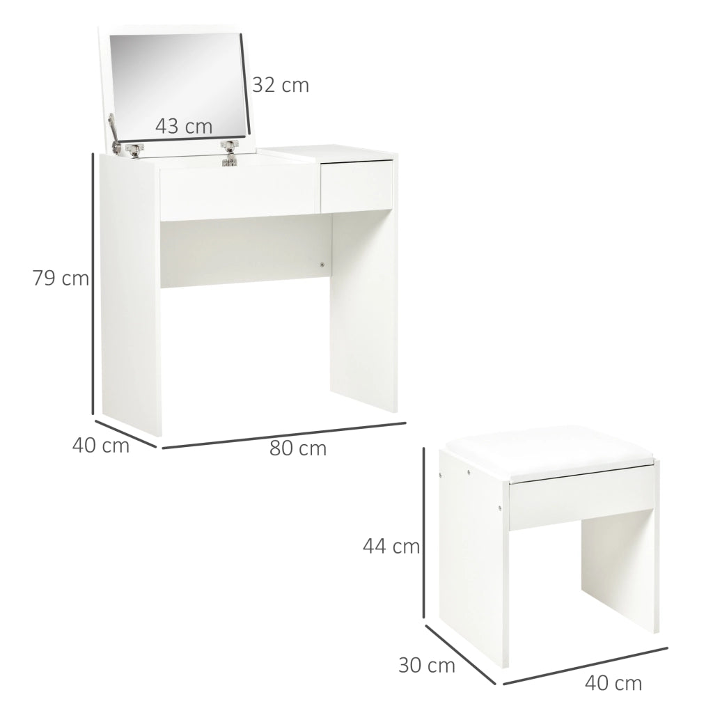 EasyComfort Postazione Trucco con Specchio Richiudibile, Toeletta Trucco Moderno, con Sgabello, Vano Contenitore a 4 Scomparti, MDF Bianco, 80x40x79 cm