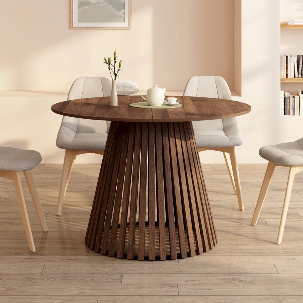 IDMarket - CARMEN tavolo da pranzo rotondo allungabile 4-8 persone con gamba a doghe in noce e piano in noce 110 - 150 cm