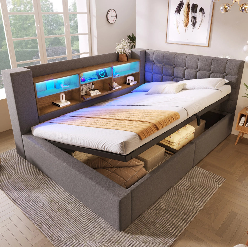 Letto matrimoniale 140x190 cm in tessuto grigio con LED; USB e contenitore idraulico