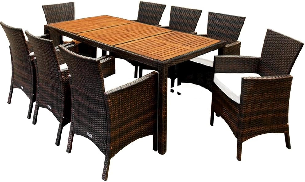 Set di Mobili da Giardino 8 Sedie incl. Cuscini da 7 cm con Tavolo 190x90 cm Mobili da Esterno per Terrazza Resistenti in Polyrattan Legno di Acacia per Balcone Lounge