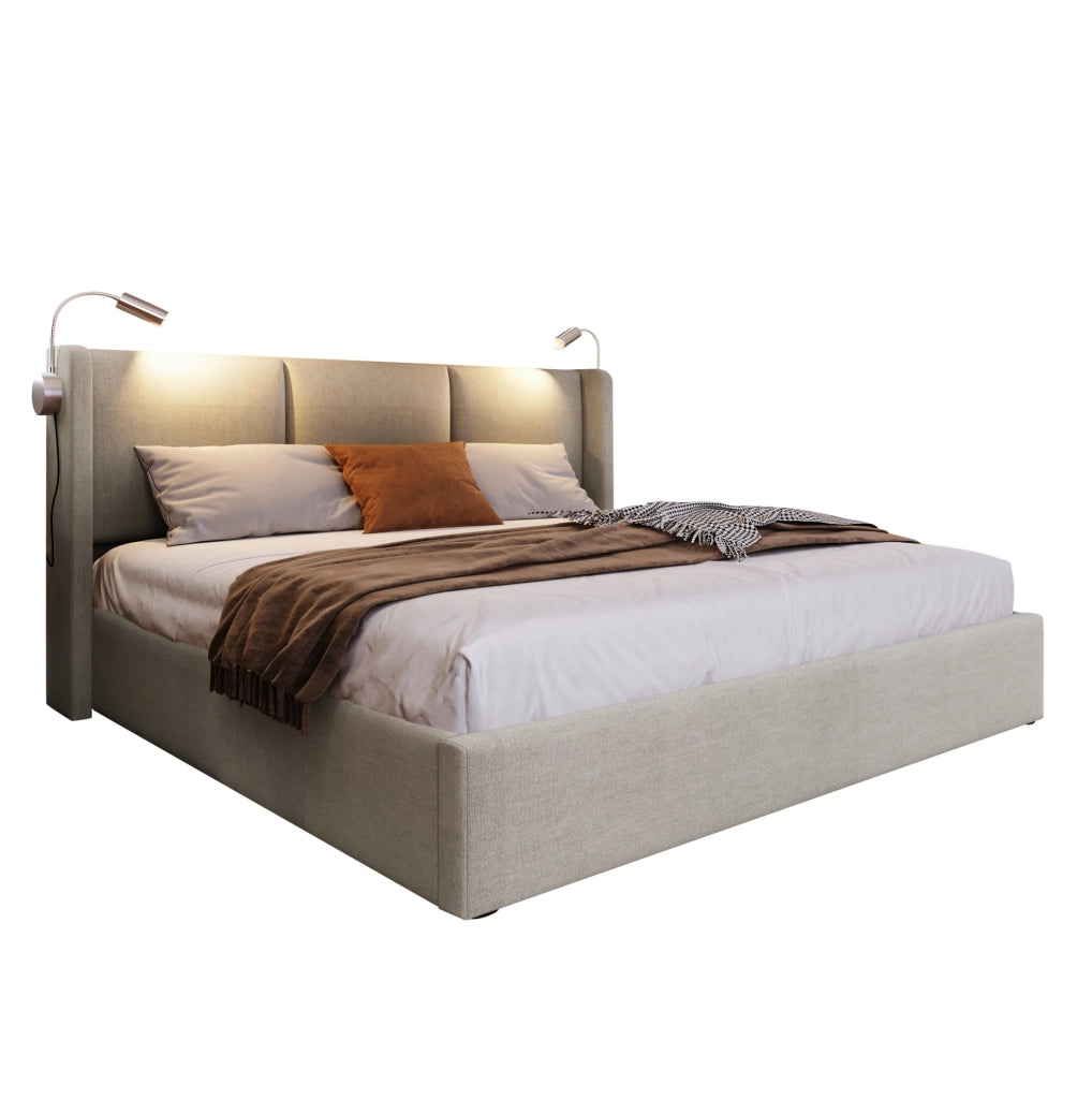 Letto matrimoniale contenitore 160x200 cm in lino beige con luce da lettura e USB