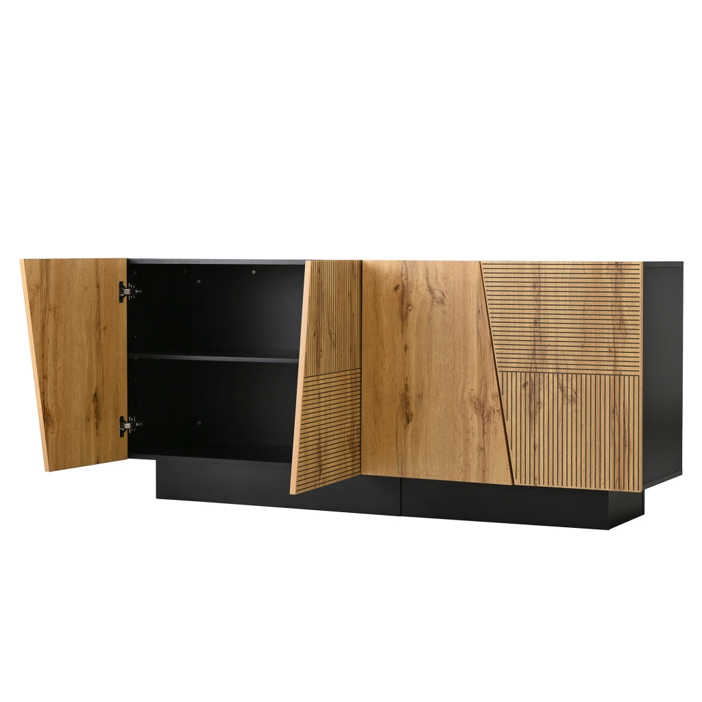 Credenza moderna con ampio spazio contenitore e ripiano regolabile in pannello truciolare nero e legno 160 × 40 × 72 cm
