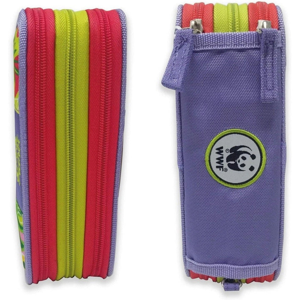 Trade Shop - Astuccio Wwf Porta Pastelli Penne 3 Zip Completo Cancelleria Collezione Scuola -