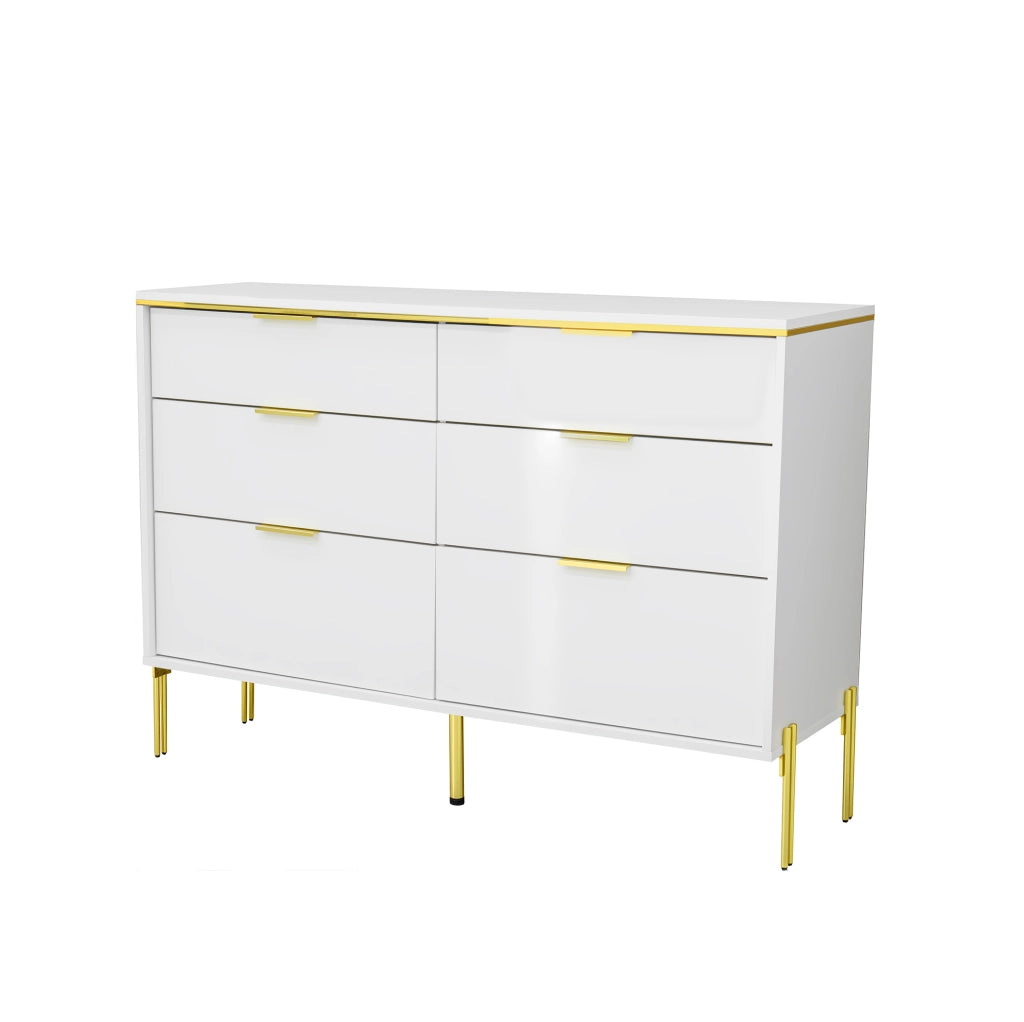 Madia 120x40x85.5 cm con 6 cassetti; frontali lucidi e dettagli dorati; in truciolato; bianco