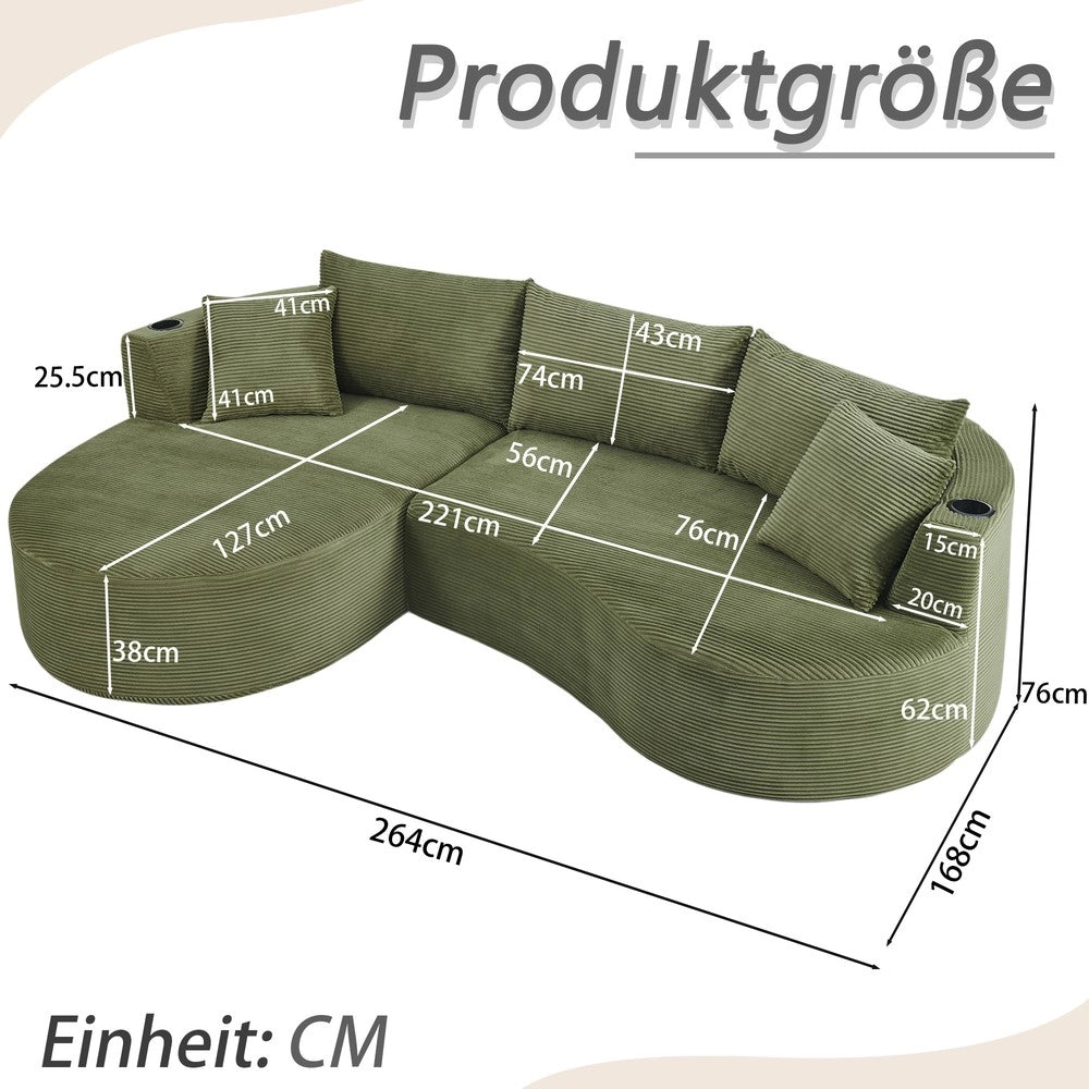 Divano 3 Posti con Chaise Longue ¨C Xylo ¨C Tessuto a Coste, Verde, con Cuscini e Portabicchieri