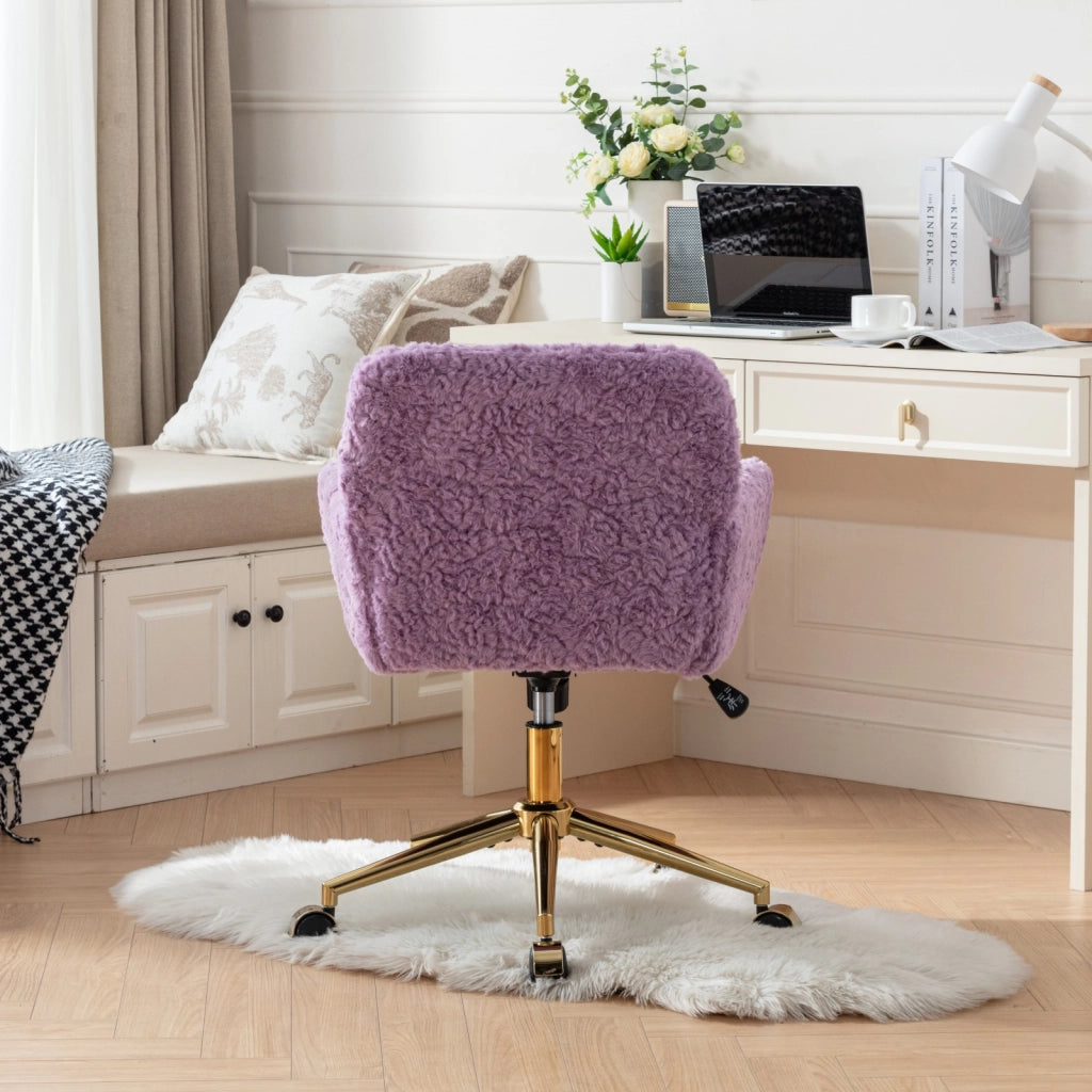 Sedia girevole e reclinabile con braccioli in pelliccia sintetica viola e base in metallo dorato 60 × 28,5 × 50 cm