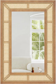 Specchio da Parete 90x60 cm in Rattan, Specchio Decorativo Rettangolare con Cornice in Legno, Specchio Verticale o Orizzontale per Bagno Soggiorno Ingresso (Rettangolo 90 x 60 cm)