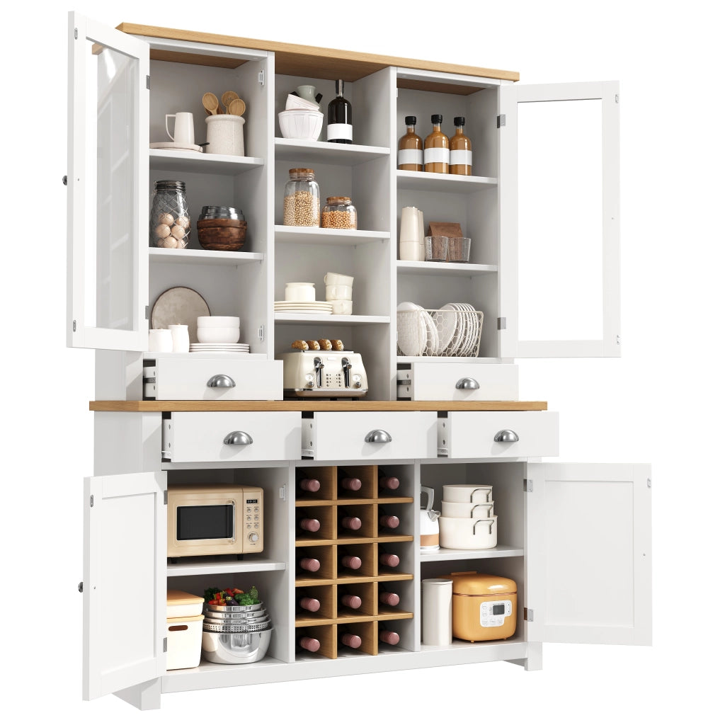 Credenza alta con anta in vetro, 5 cassetti e ripiano regolabile, per cucina e soggiorno, in MDF e vetro, bianco