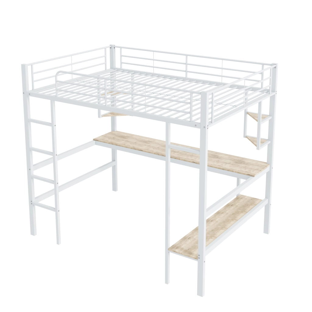 Letto a castello bianco in metallo con scrivania e scaffali 90x200 cm