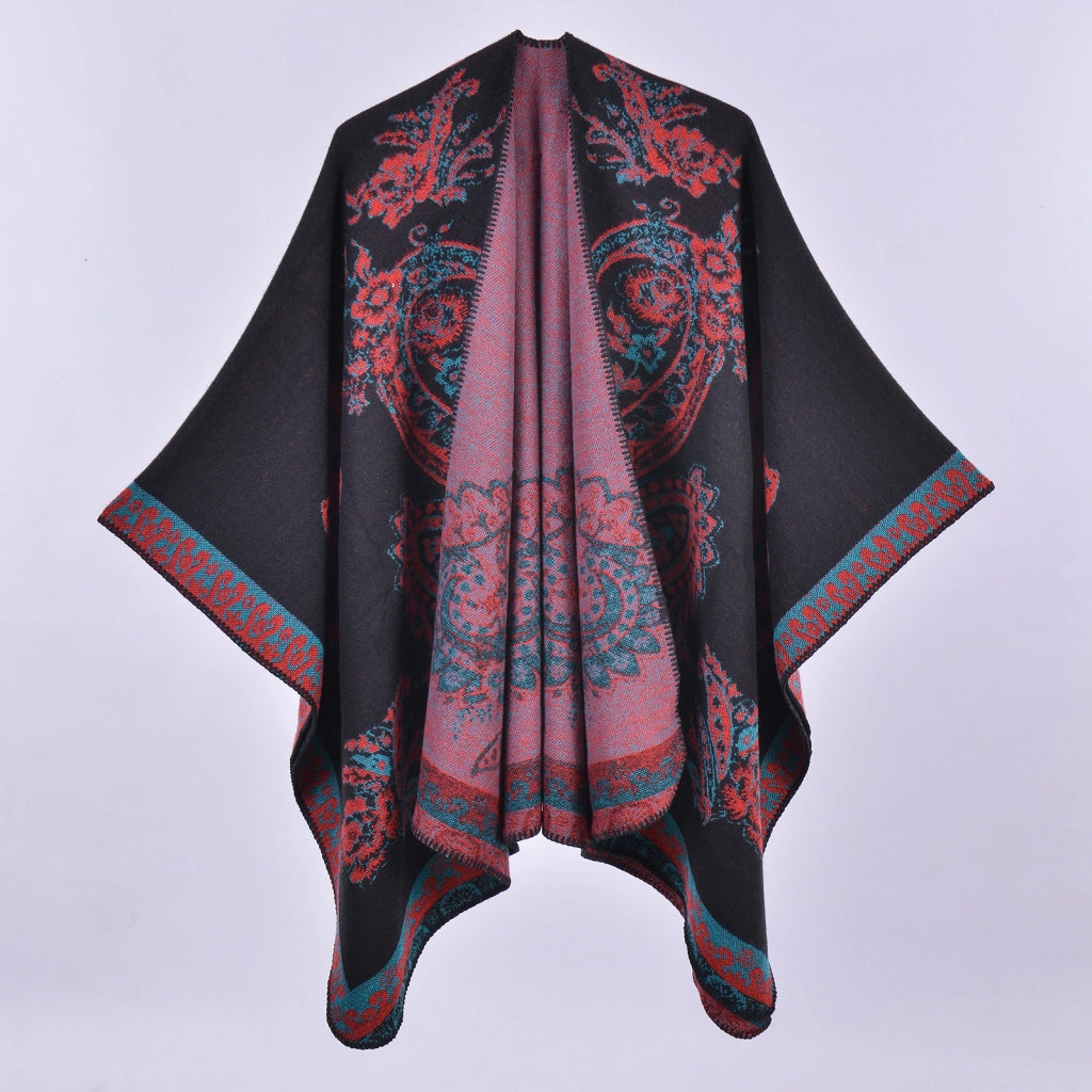 Nuovo scialle/mantella in jacquard di cashmere alla moda con spacchi, spesso e ampio, da donna.