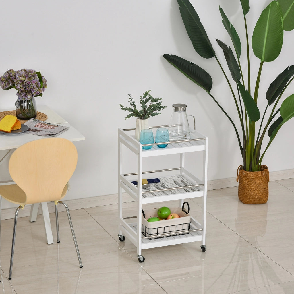 Carrello da Cucina Portavivande in Legno con 3 Ripiani e Ruote, 45x38x78cm, Bianco