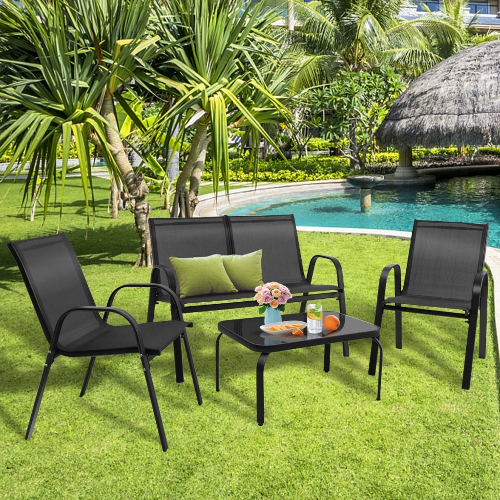 Set di mobili per esterni con tavolino in vetro temperato, Set di mobili 4 pezzi per giardino piscina Grigio-Set mobili da esterno