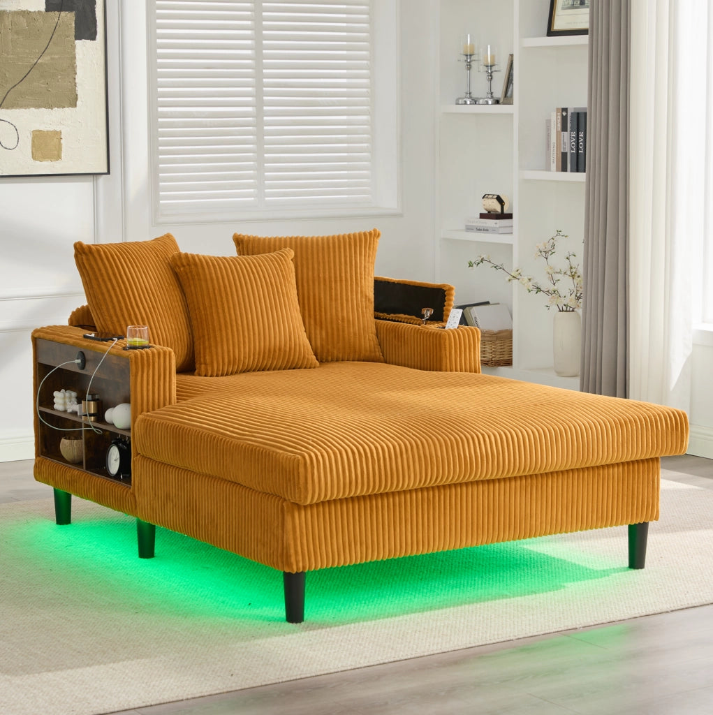 Chaise longue con LED; USB; contenitore e portabicchieri in velluto a coste giallo senape