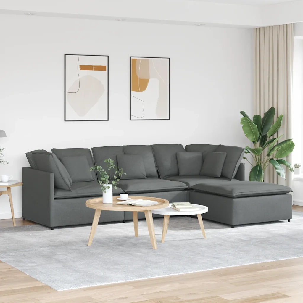 Divano Modulare con Poggiapiedi e Cuscini Tessuto Grigio Scuro 3321298