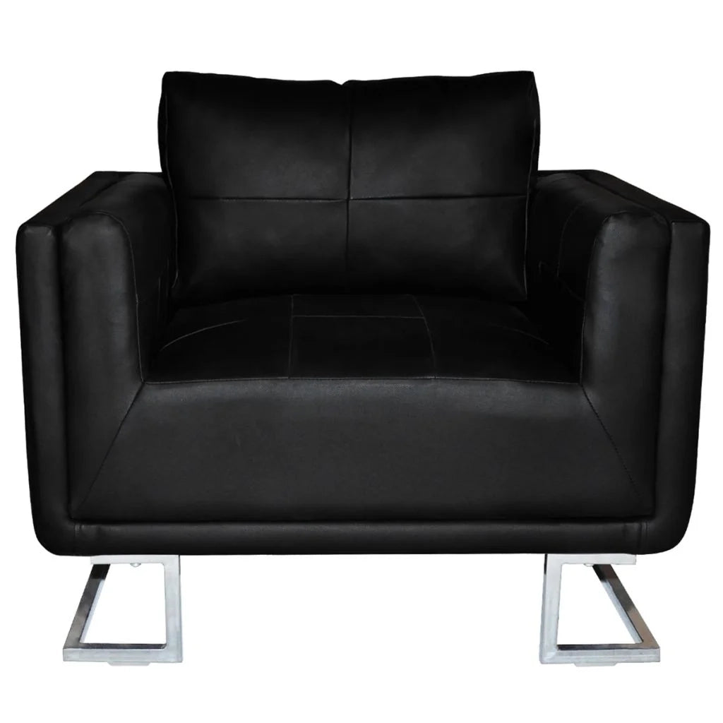 Poltrona sedia design lounge sedile club divano cubo da soggiorno con gambe cromate in pelle sintetica nera 1102044/3