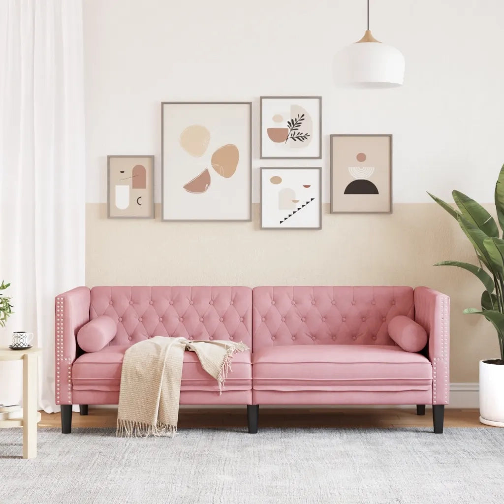 Divano Chesterfield con Rinforzi a 3 Posti Rosa in Velluto 372696