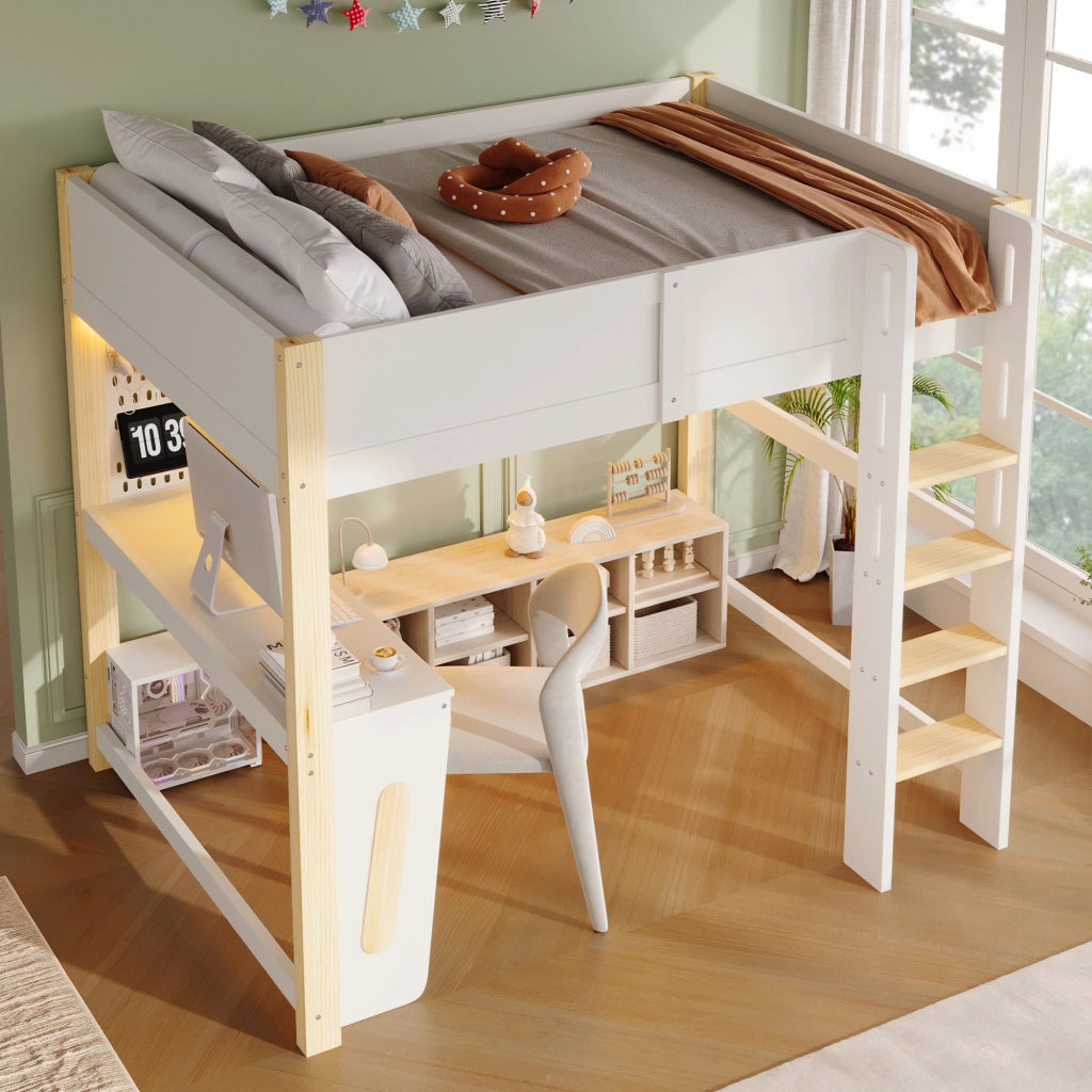 Letto a soppalco per bambini 140x200 cm, letto rialzato con scrivania integrata, pannello forato, illuminazione LED, pino, naturale e bianco