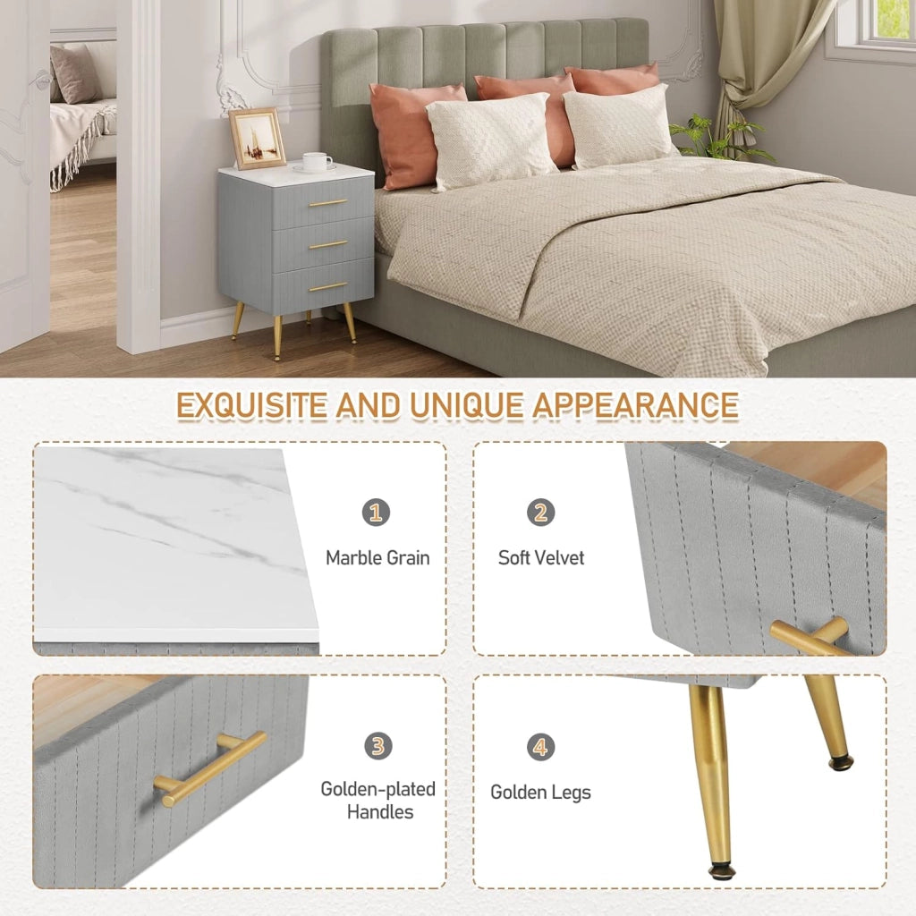 Set di 2 Comodino Camera da Letto in Velluto con Tre Cassetti, Cassettiera in Legno, Organizzatore da Letto, Gambe in Metallo, Bianco e Grigio, TS135gr-2