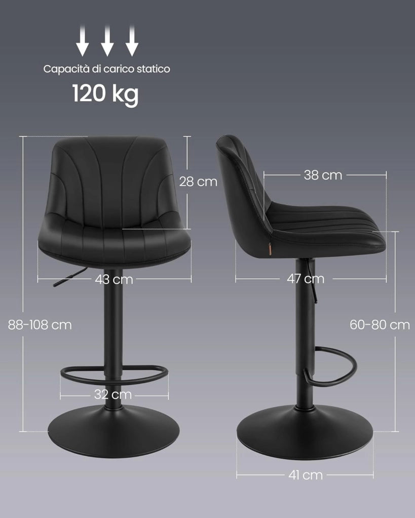 VASAGLE Sgabelli da Bar, Schienale, Sedie da Bar Regolabili in Altezza, Girevoli a 360°, Poggiapiedi Metallo, Sala da Pranzo Cucina, PU, Set di 2, Nero Inchiostro LJB181BH01