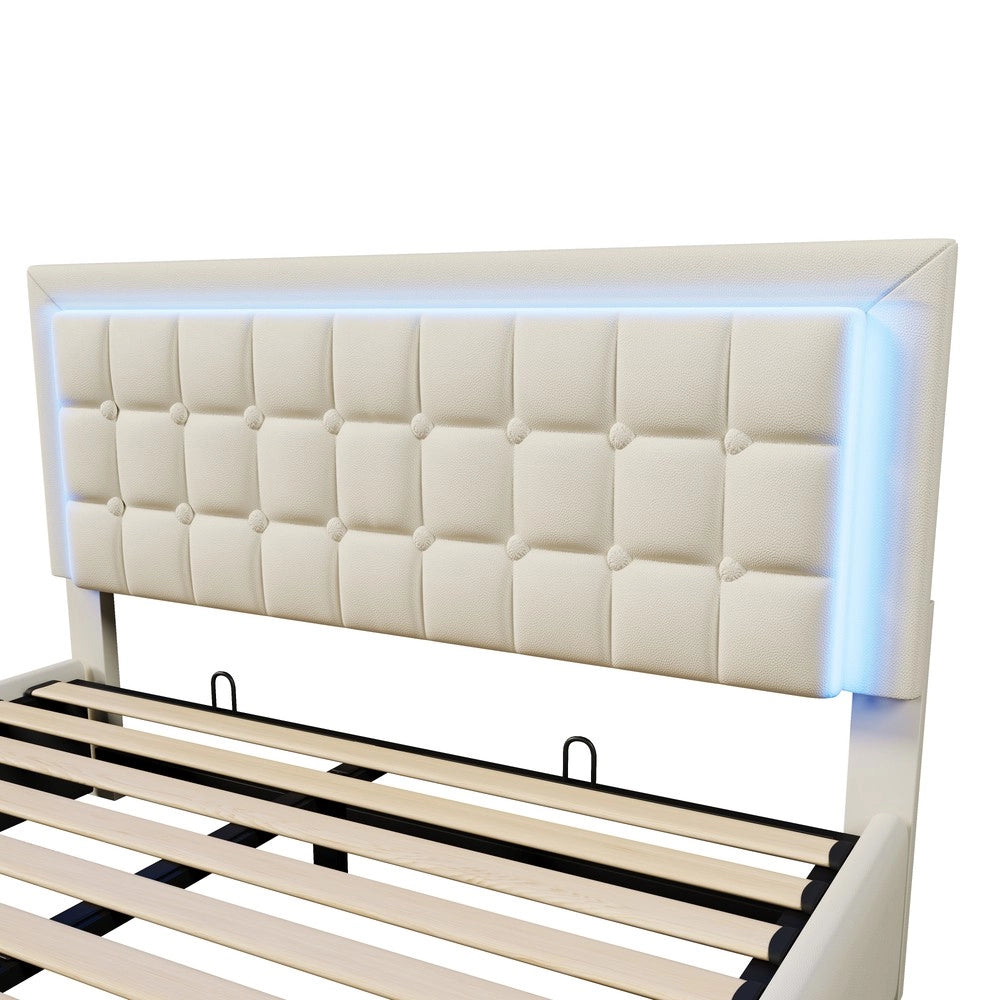 Letto Contenitore Imbottito con LED e Rete a Doghe ¨C Xylo ¨C Similpelle Bianco 180x200