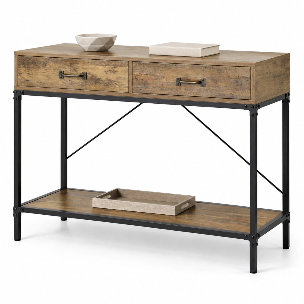 Tavolo consolle industriale con 2 cassetti e ripiano 100x35x76;5 cm marrone nero