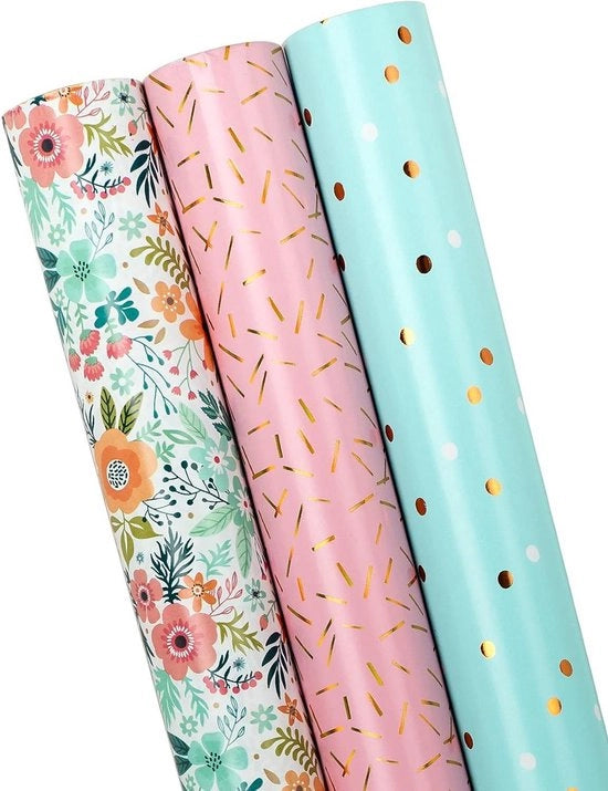 Papier per imballaggio 43 cm x 3 m per rotolo - rosa - disegno floreale - 387 metri quadrati