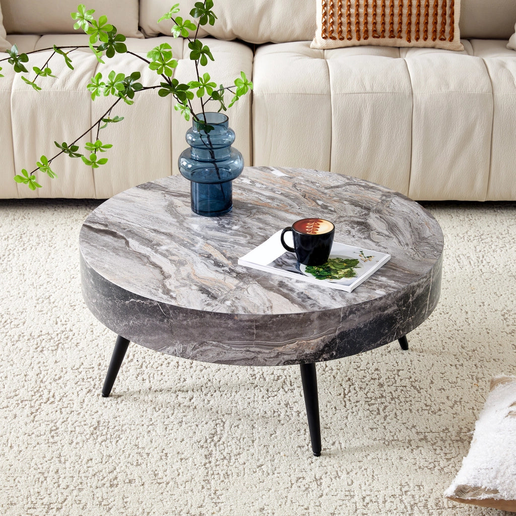 TAVOLINO DA CAFFÈ rotondo 70 cm effetto marmo grigio MDF e metallo nero