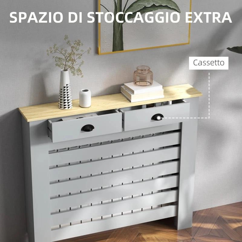 COPRITERMOSIFONE IN MDF A DOGHE, COPRICALORIFERO A GRIGLIA CON 2 CASSETTI, 111X19X95.5 CM, GRIGIO