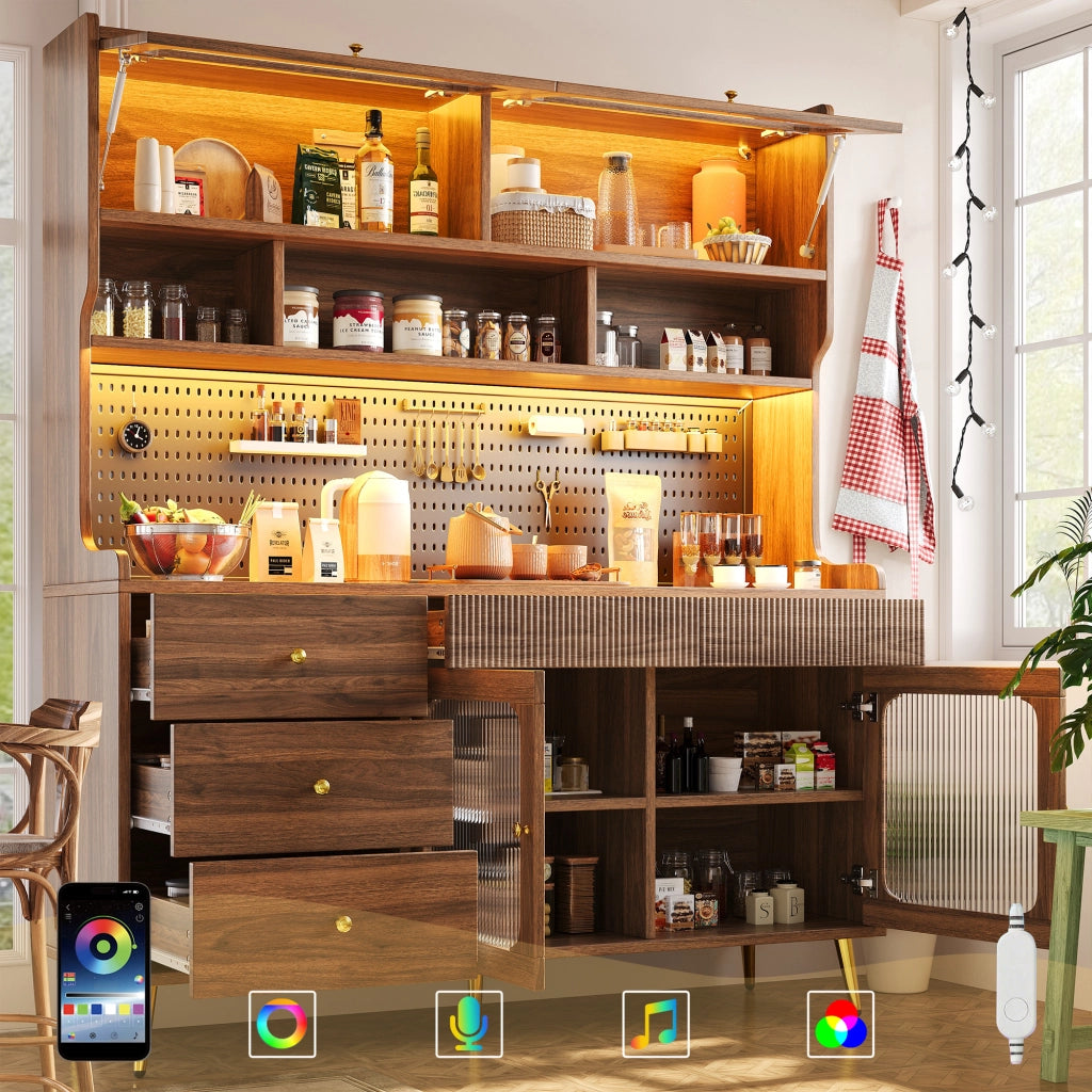 Mobile Alto Multiuso con LED, Cassetto e Ripiani in Vetro ¨C Xylo ¨C Noce, 145x39x171