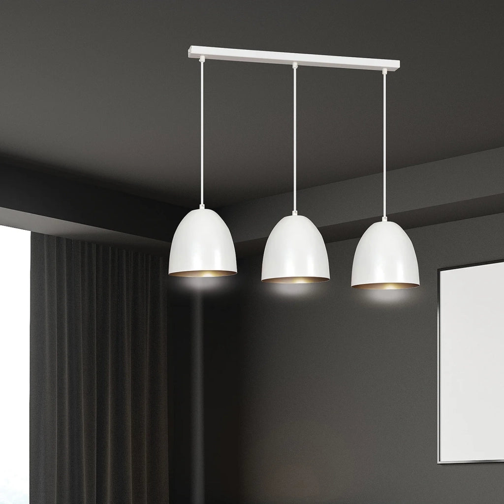 Lampadario 3 Luci Reartù In Acciaio Bianco Con Cupole In Nero E Oro
