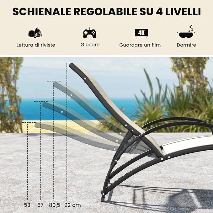 Sedia a Dondolo 2-in-1 per Giardino, Poltrona Convertibile con Schienale Regolabile a 4 Posizioni, Braccioli Curvi e Telaio in Alluminio, Sedia per Patio, Piscina, Portata 150 kg (Beige)