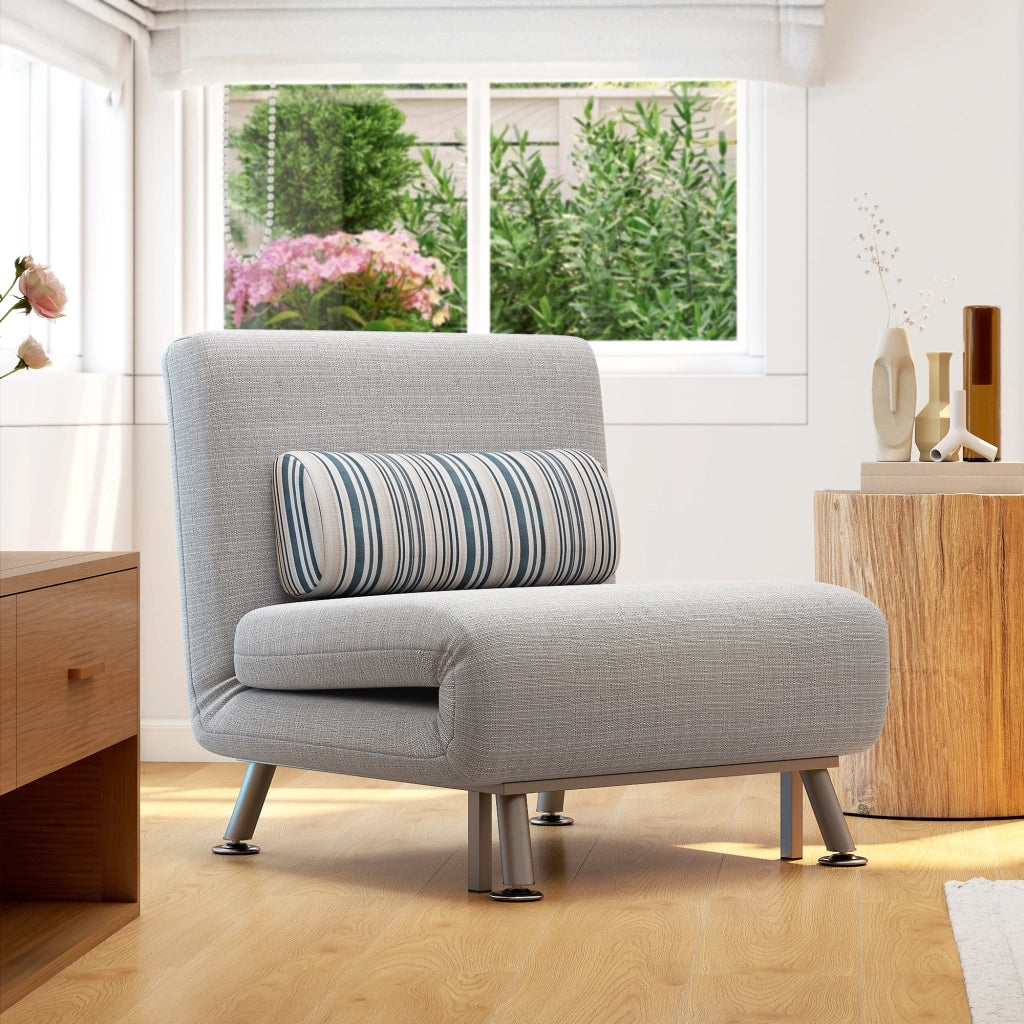 Poltrona Letto Singolo 3 in 1 con Schienale Reclinabile su 5 Livelli, Cuscino Imbottito e Materasso, Divano Letto Singolo Pieghevole per Soggiorno, in Acciaio e Lino, 75x70x75cm, Grigio Chiaro