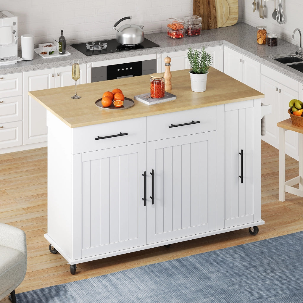 Carrello da Cucina con 2 Cassetti; Vano Estraibile a 3 Livelli; Piano Ribaltabile e Ruote; 120 x 40(65) x 90 cm