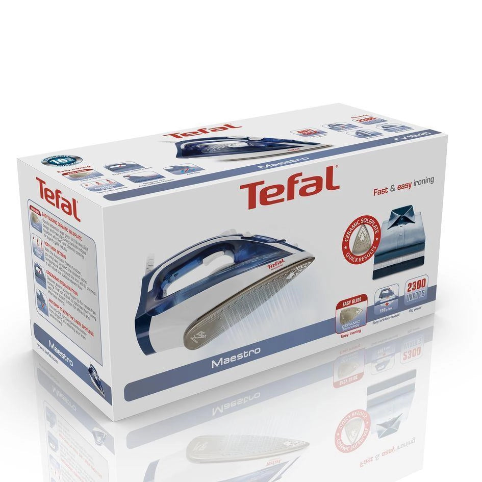 Tefal Maestro 2 FV1845E0 Ferro da stiro a secco e a vapore CeramicGlide 2300 W Blu, Bianco