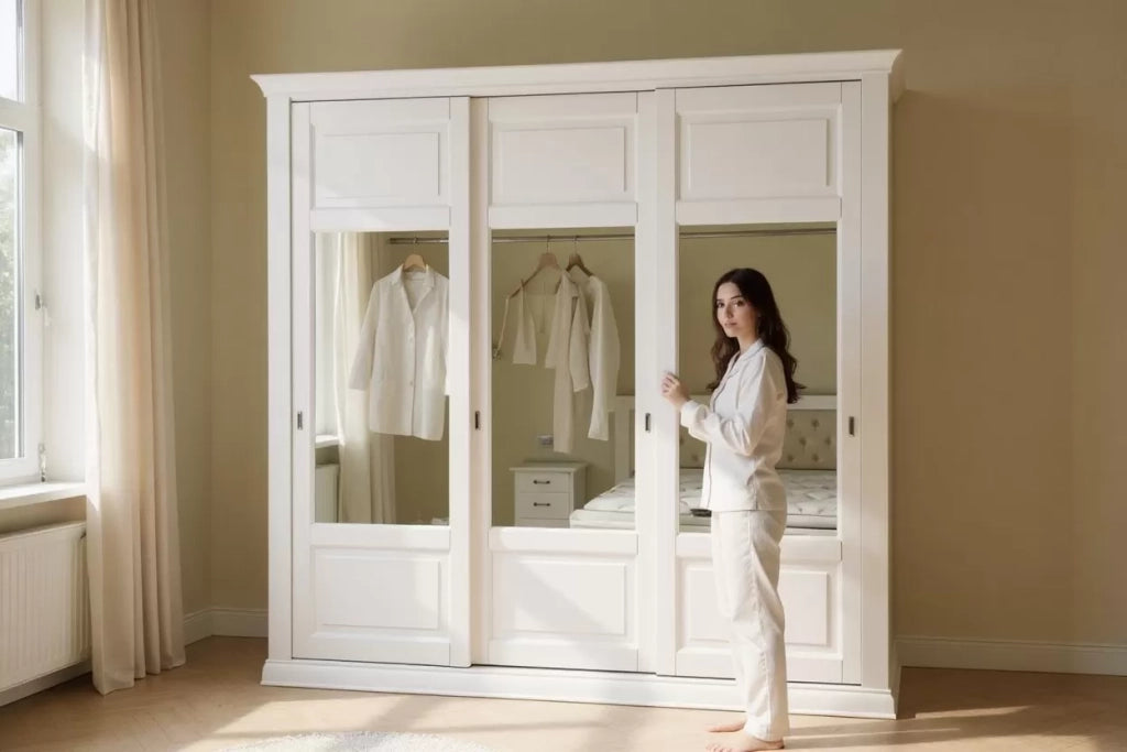 Armadio 3 porte scorrevoli vetro legno shabby bianco 294x65x258 - Mobili 2G