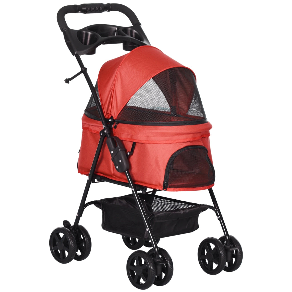 Carrello pieghevole per animali con quattro doppie ruote freno posteriore in tessuto oxford rosso 67 × 45 × 96 cm