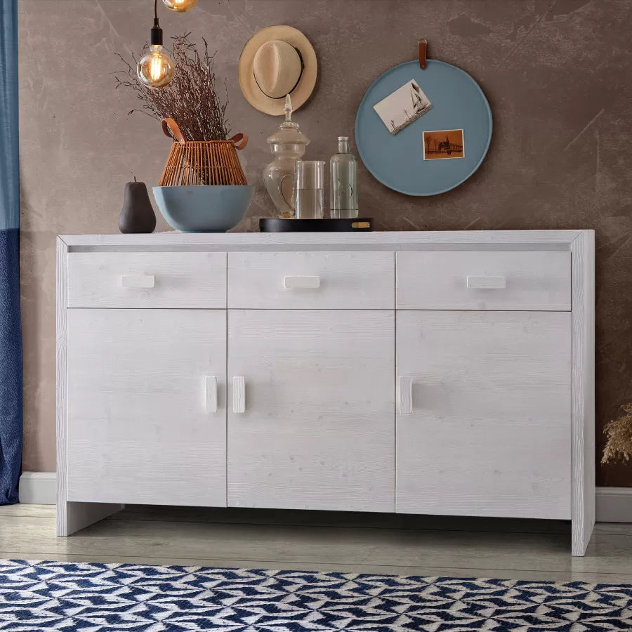 Madia credenza 3 ante shabby bianco in legno massello di abete 178x55x105 - Mobili 2G