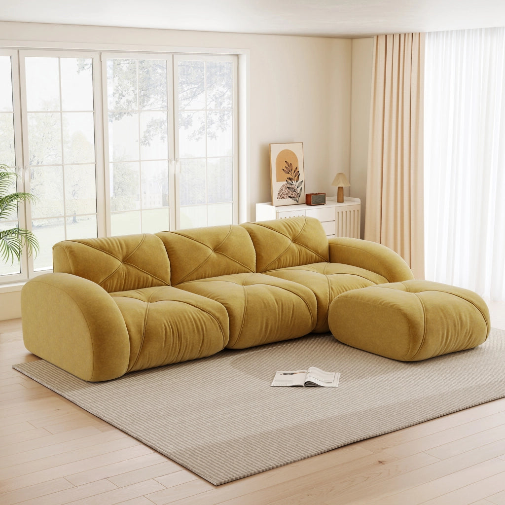 Divano modulare a L con pouf in ciniglia senza telaio e schiuma 32D, senza montaggio, per soggiorno, giallo