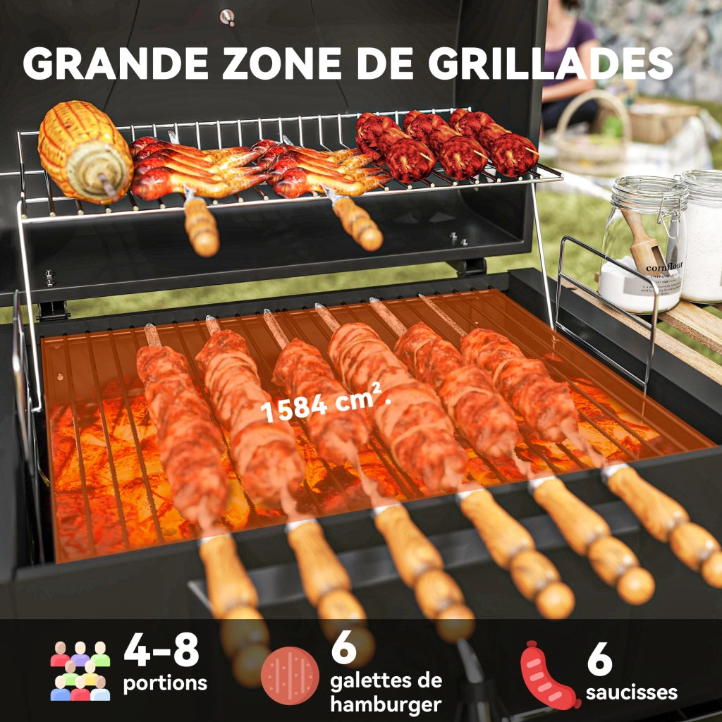 Barbecue carbone regolabile in altezza con griglia, coperchio, termometro, ripiani, ruote e apribottiglie ¨C zephmum ¨C nero