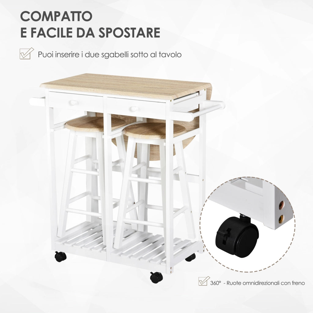 EasyComfort Carrello da Cucina Pieghevole, Mobile da Cucina Salvaspazio con 2 Sgabelli 2 Cassetti 5 Ruote (Rotazione 360°), Legno MDF Bianco